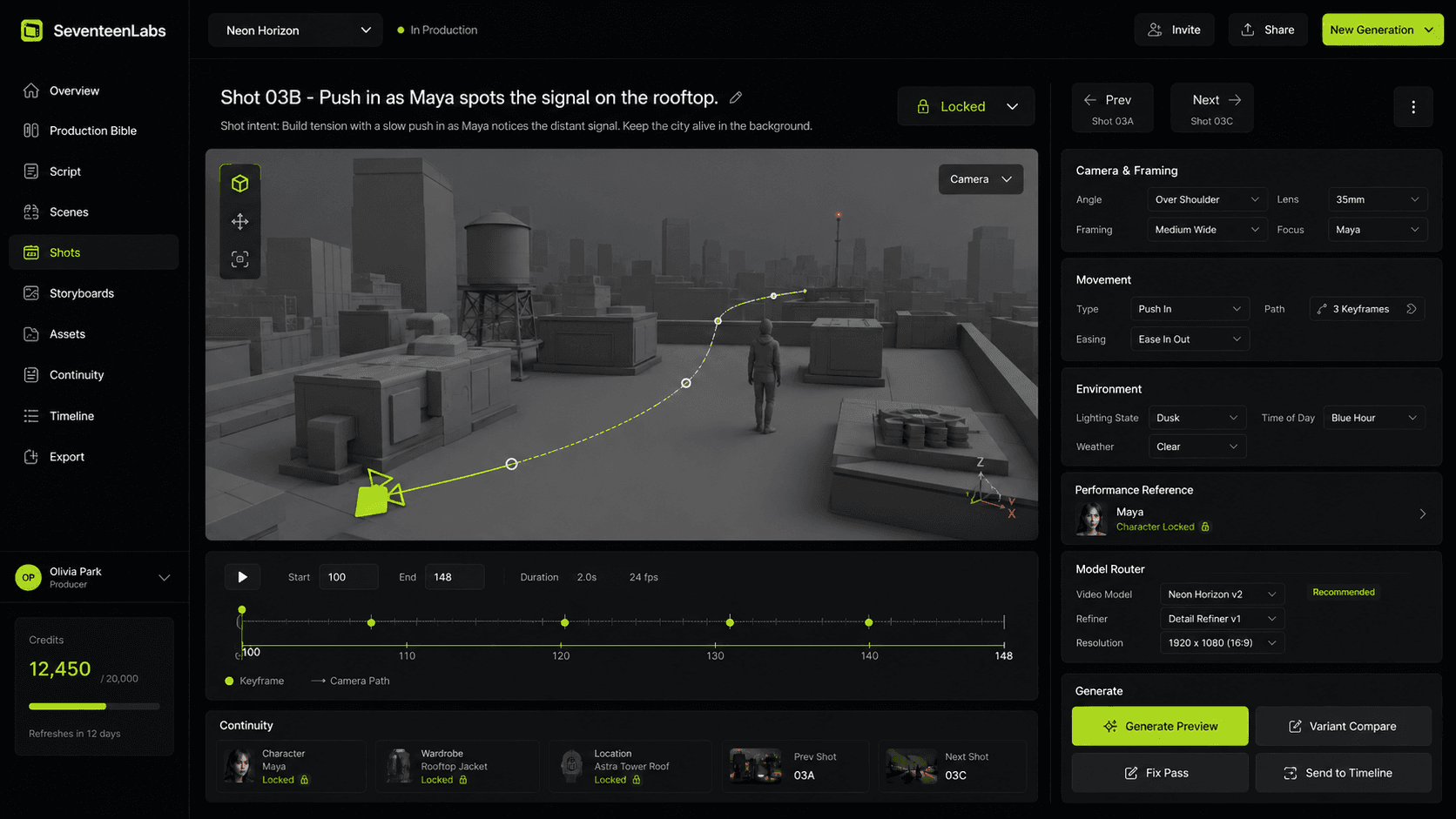 SeventeenLabs camera workbench with a 3D scene view, camera path, movement keyframes, character lock, wardrobe lock, location lock, and generation controls.