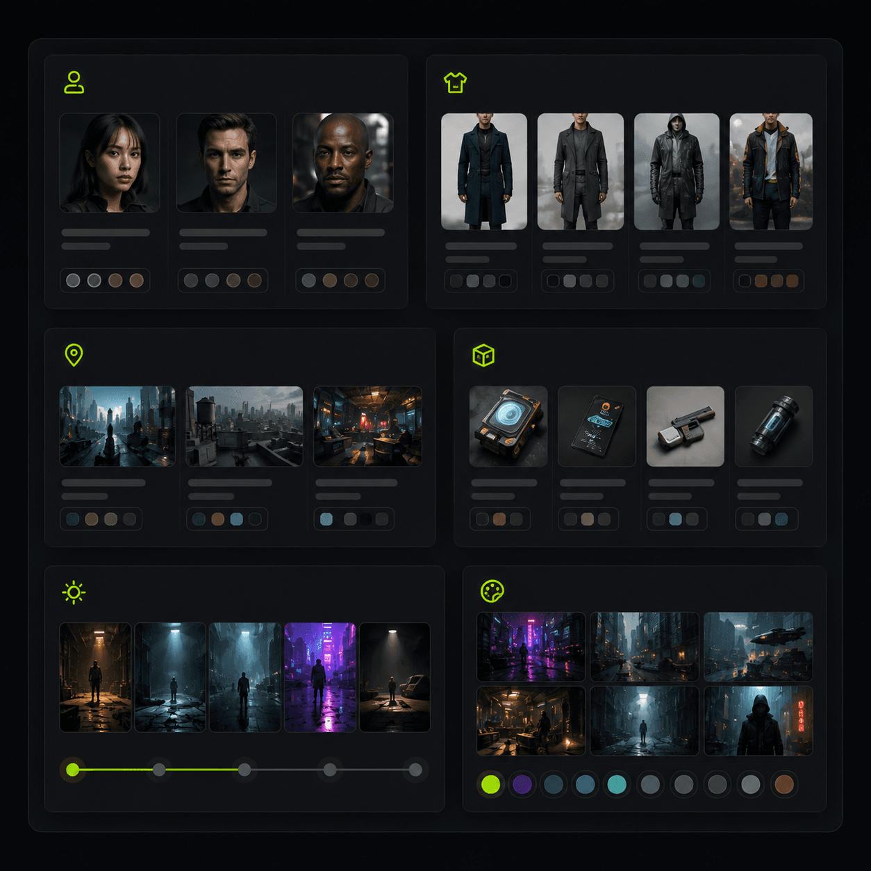 Production bible cards for characters, wardrobe, locations, props, lighting, and color style.