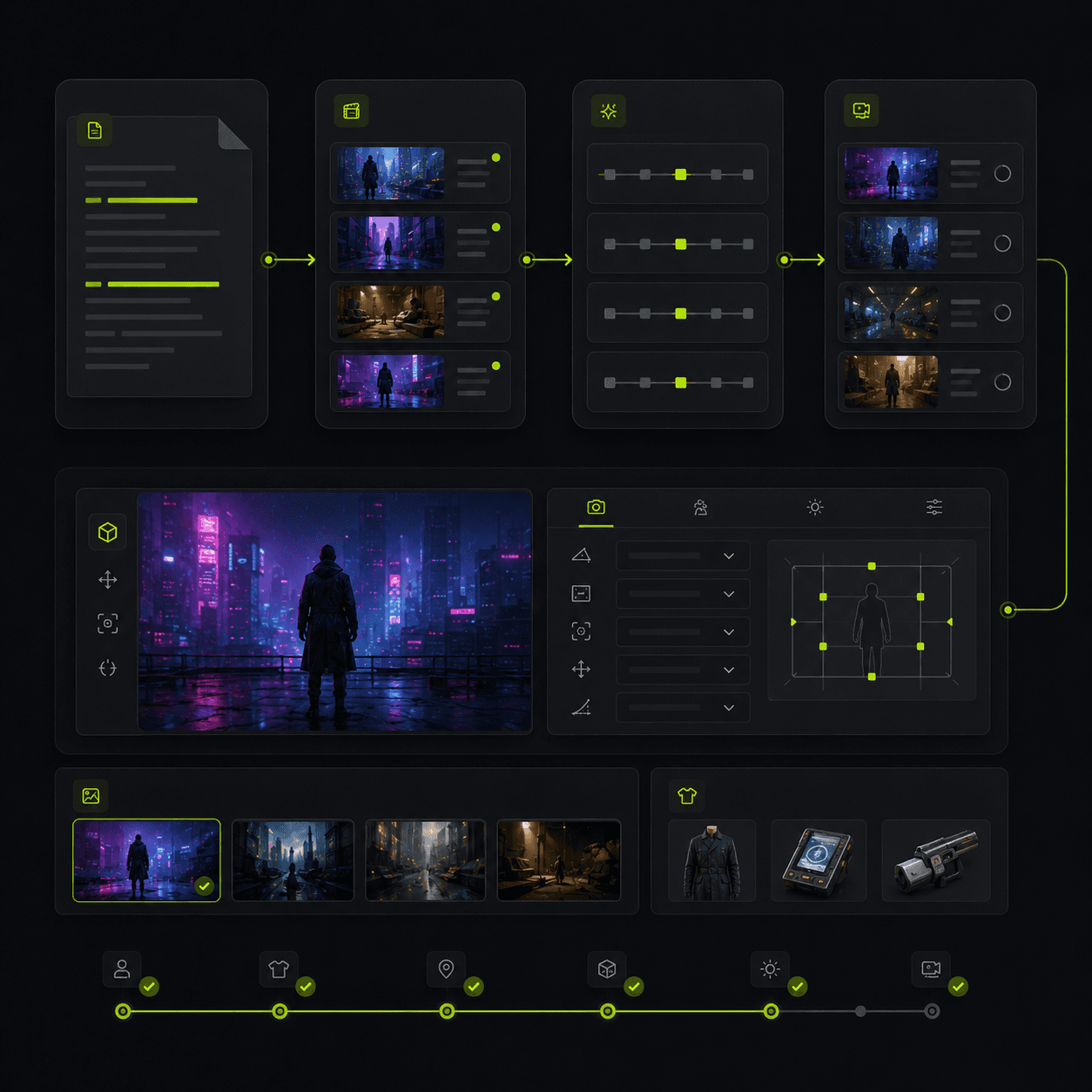 Workflow from script to scenes, camera controls, references, wardrobe, props, and production timeline.