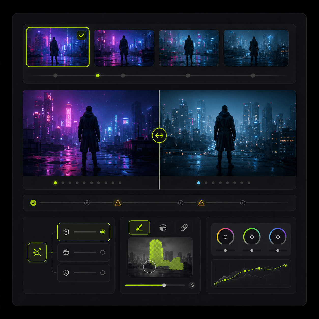 Variant comparison and fix pass interface for matching AI-generated shots.