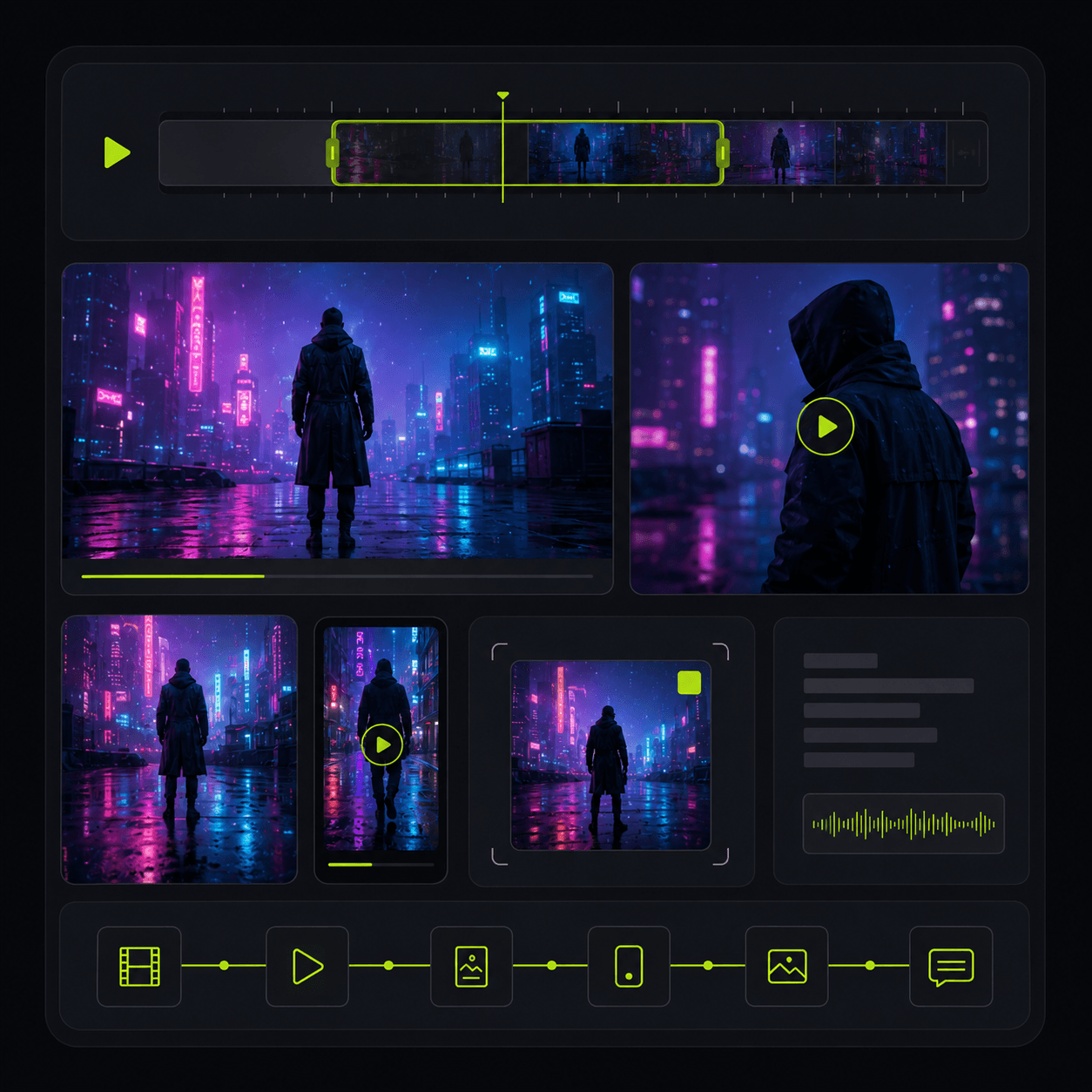 Release package interface with timeline, video previews, vertical crops, audio, and social exports.